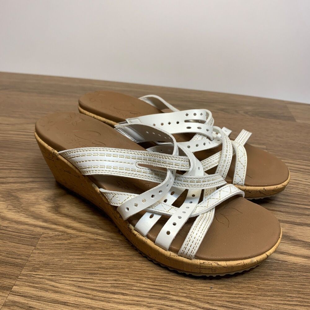 Skechers Beverlee-Tiger Posse Womens Size 8 White Strappy Cork Wedge‎ Sandals